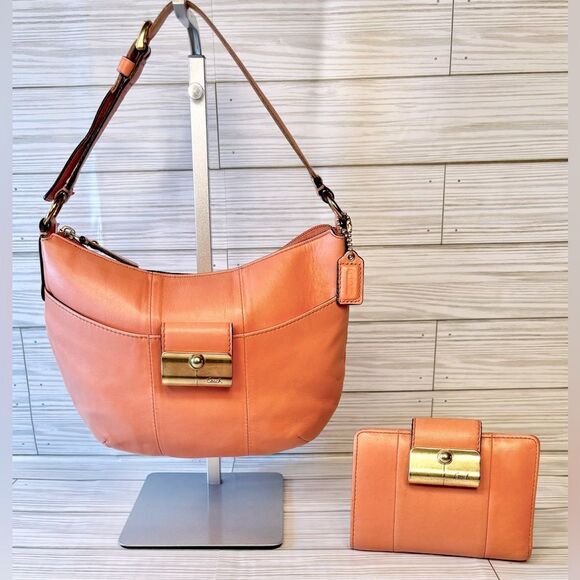 07-Coach 43723 Kristin Top Handle Peach Leather Shoulder Bag and Wallet Set - Picture 1 of 12
